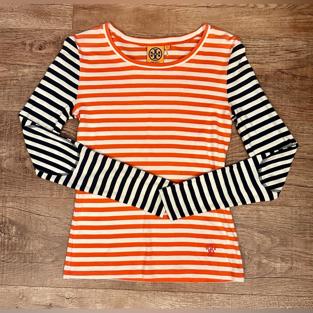 Tory Burch Orange and Black Striped Long Sleeve Top